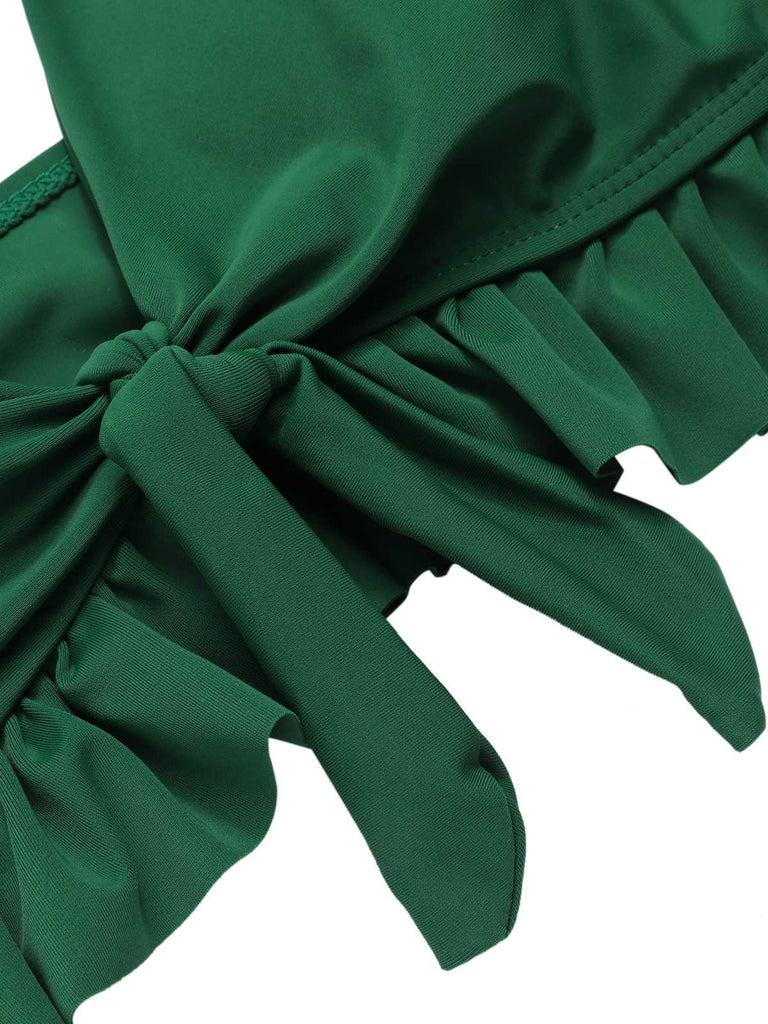 Green 1960s Strap Floral Ruffles Swimsuit: 1960s Riviera elegance, reimagined for her