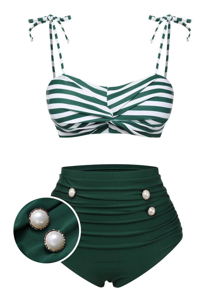 She's wearing Green 1960s Stripe Shoulder Straps Swimsuit and the whole beach remembers the 1960s