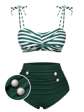 She's wearing Green 1960s Stripe Shoulder Straps Swimsuit and the whole beach remembers the 1960s