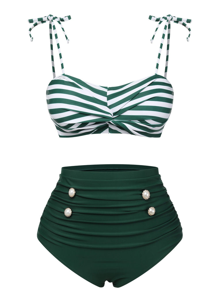 Green 1960s Stripe Shoulder Straps Swimsuit, vintage swimsuit, pin-up swimwear - perfect for women who love vintage and retro fashion