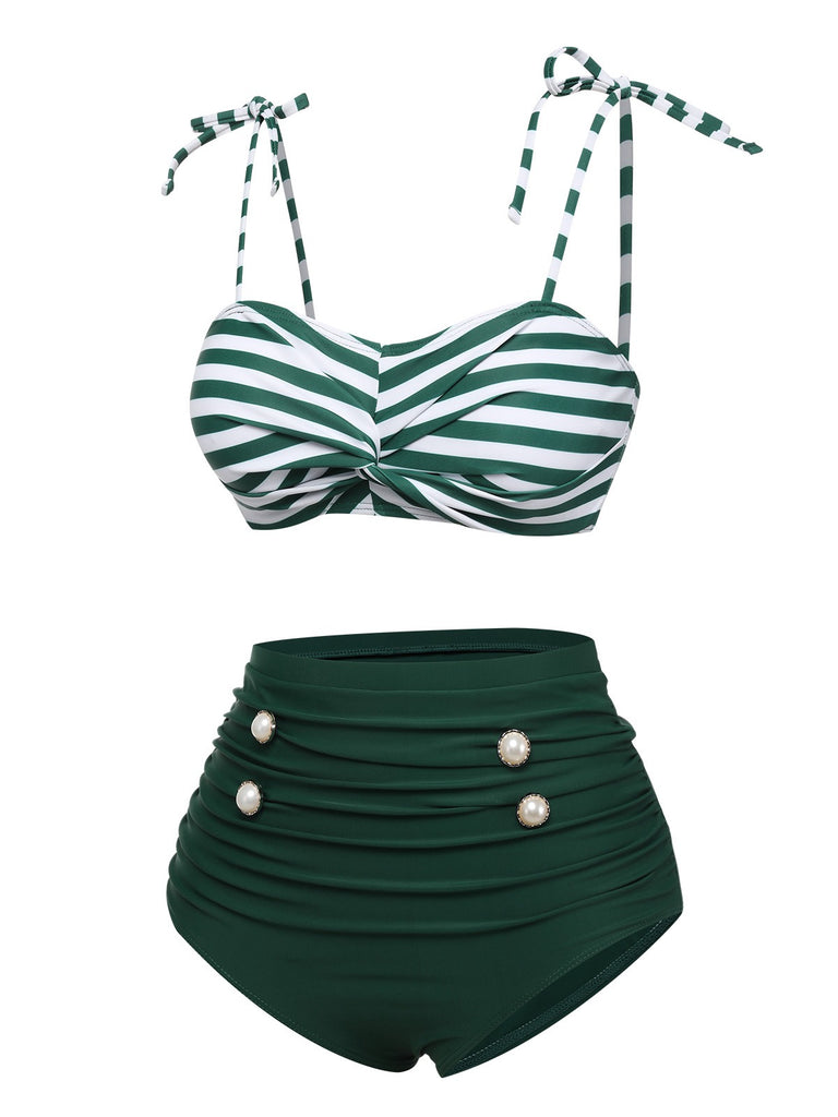 Green 1960s Stripe Shoulder Straps Swimsuit, vintage swimsuit, pin-up swimwear - perfect for women who love vintage and retro fashion
