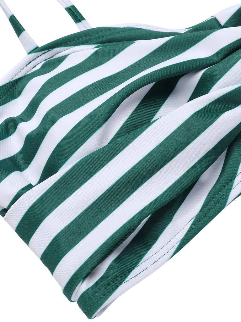 Green 1960s Stripe Shoulder Straps Swimsuit, vintage swimsuit, pin-up swimwear - perfect for women who love vintage and retro fashion