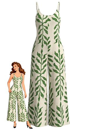 Green 1960s Tropical Leaf Print Spaghetti Strap Wide-Leg Jumpsuit - vintage romper, retro jumpsuit for vintage lovers