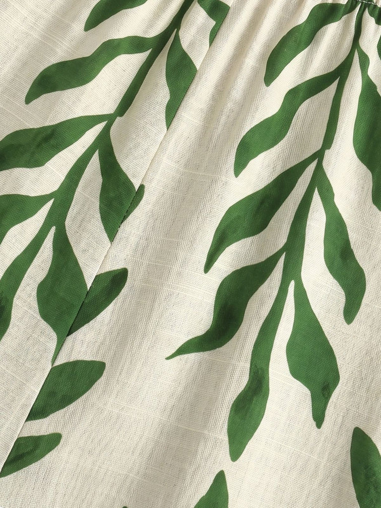 Green 1960s Tropical Leaf Print Spaghetti Strap Wide-Leg Jumpsuit - vintage romper, retro jumpsuit for vintage lovers