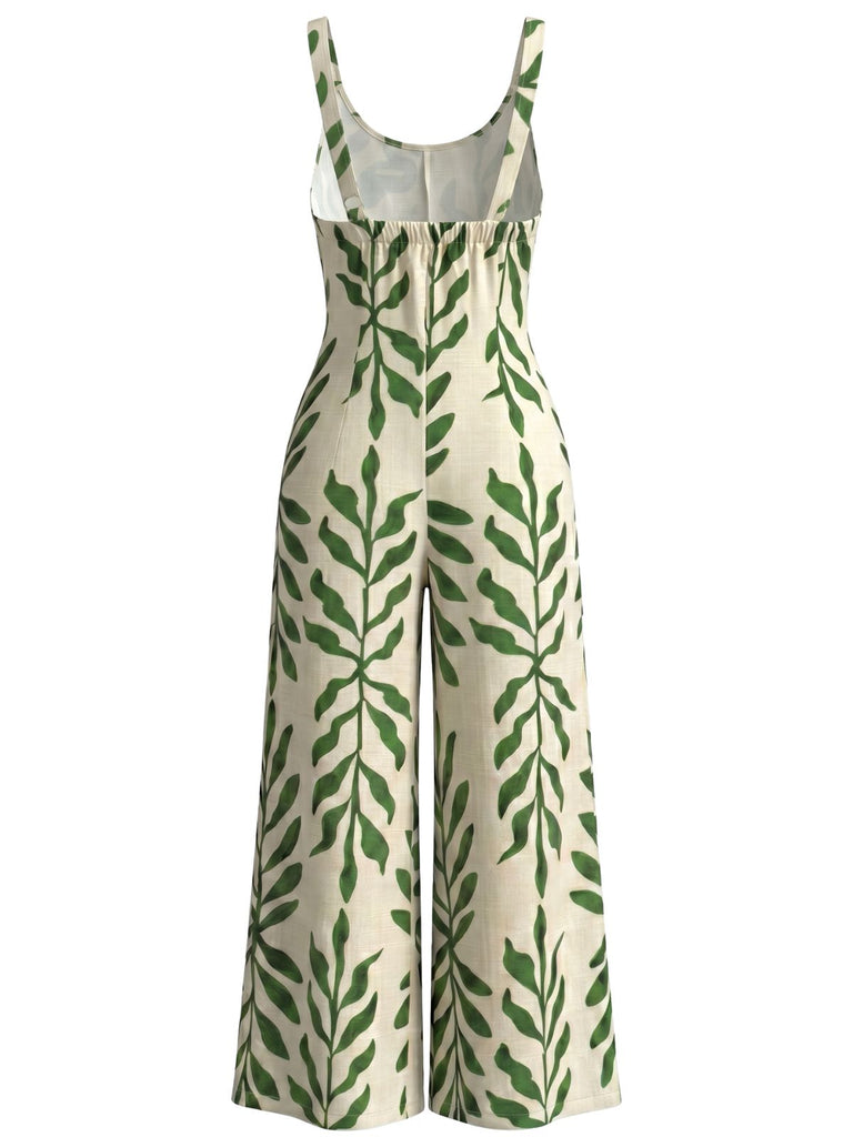 Green 1960s Tropical Leaf Print Spaghetti Strap Wide-Leg Jumpsuit, vintage romper, retro jumpsuit - perfect for women who love vintage and retro fashion