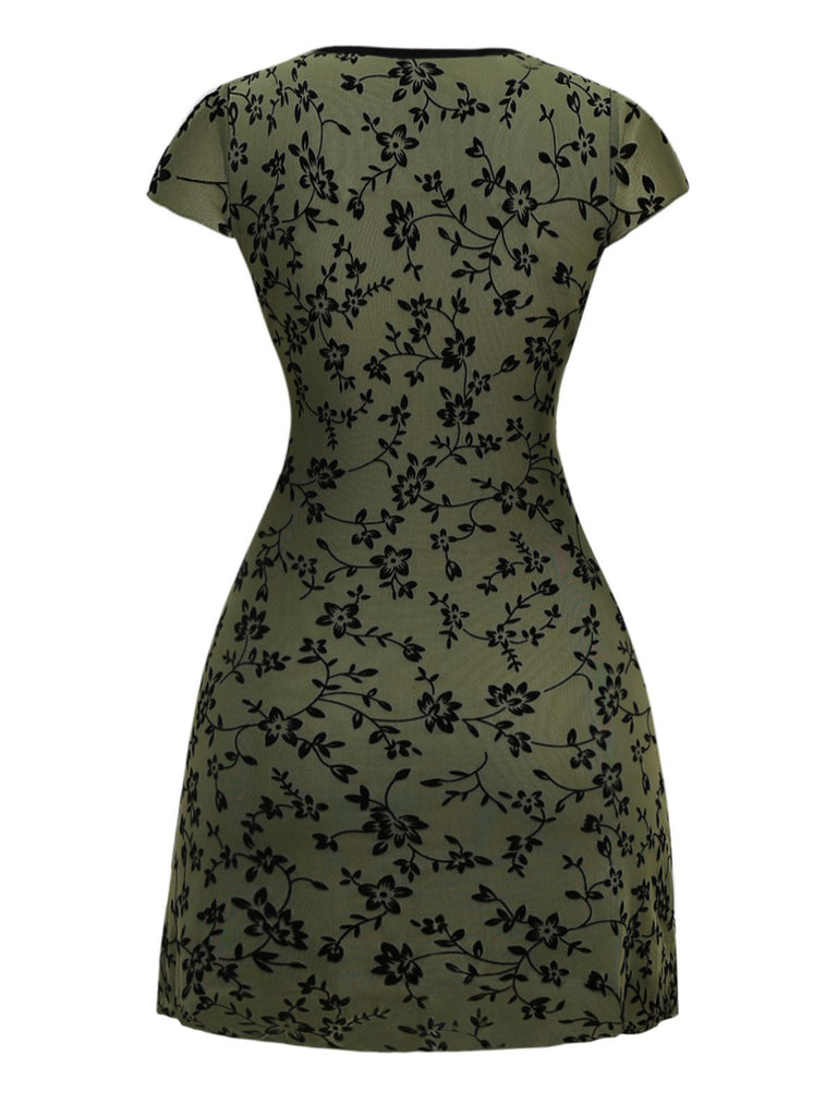 Green 1960s V-Neck Floral Flocked A-line Dress - vintage dress, retro fashion