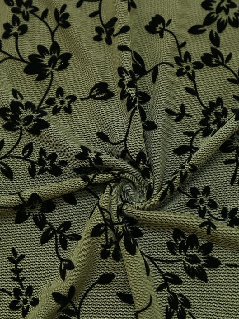 Green 1960s V-Neck Floral Flocked A-line Dress - vintage dress, retro fashion