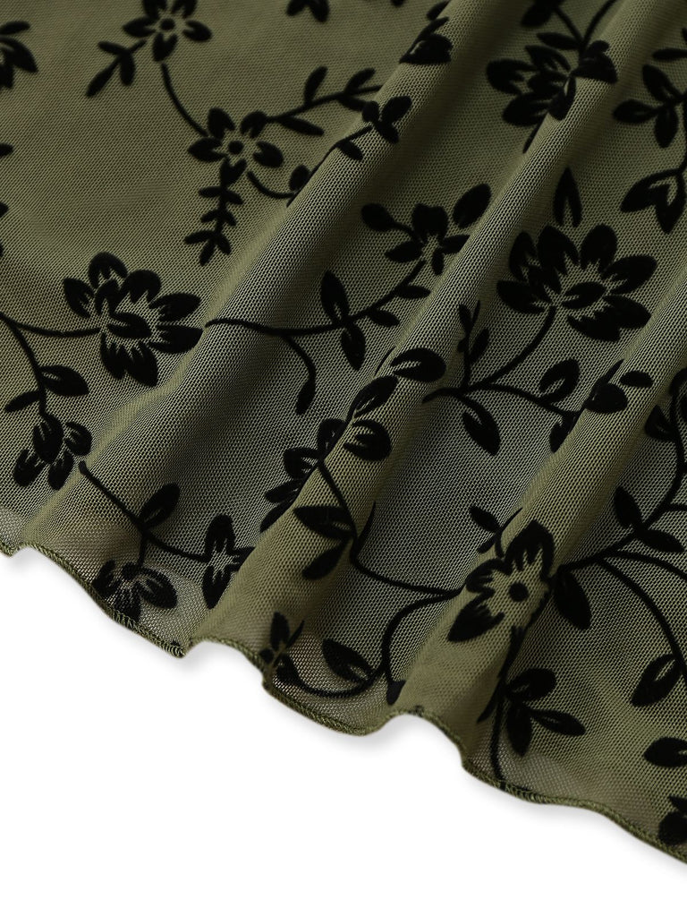 Green 1960s V-Neck Floral Flocked A-line Dress - vintage dress, retro fashion