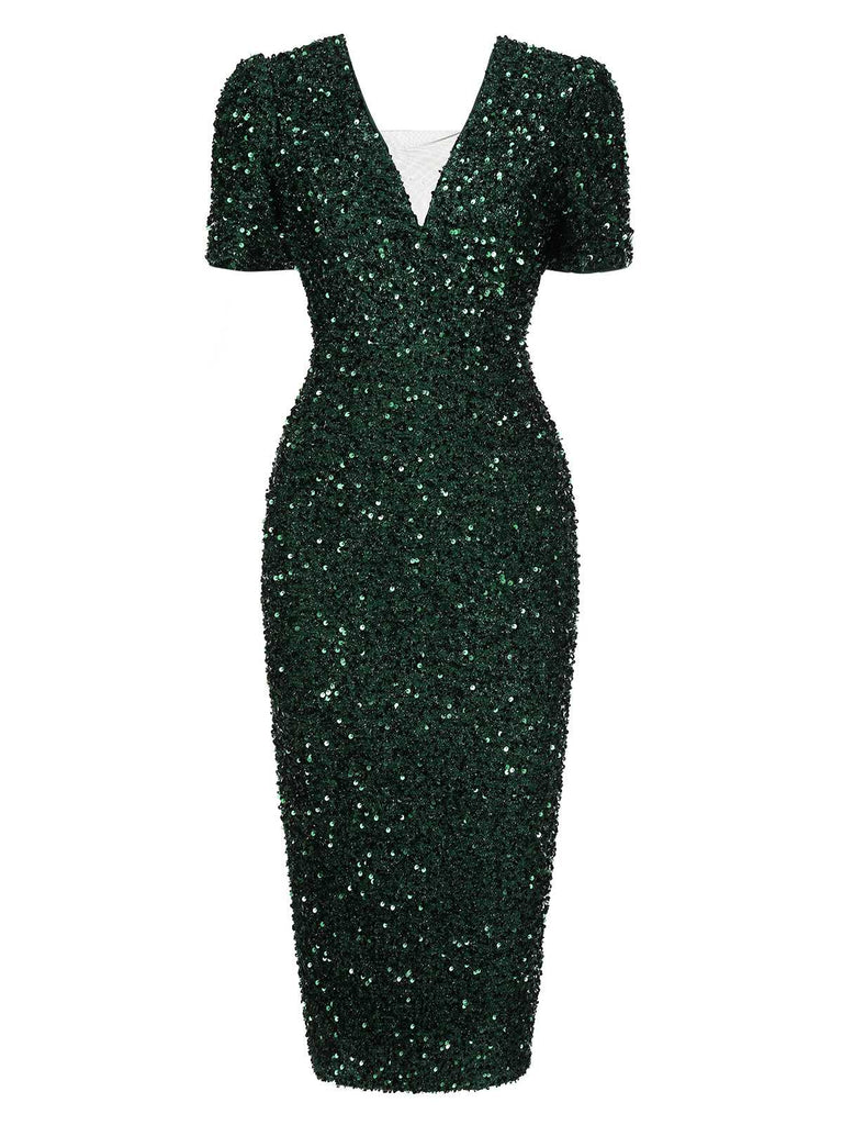 Green 1960s V-Neck Sequined Pencil Dress, vintage dress, retro fashion - perfect for women who love vintage and retro fashion