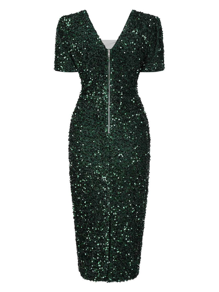 Green 1960s V-Neck Sequined Pencil Dress, vintage dress, retro fashion - perfect for women who love vintage and retro fashion