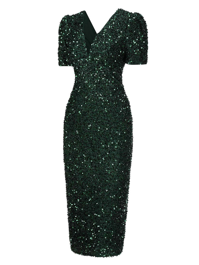 Green 1960s V-Neck Sequined Pencil Dress, vintage dress, retro fashion - perfect for women who love vintage and retro fashion
