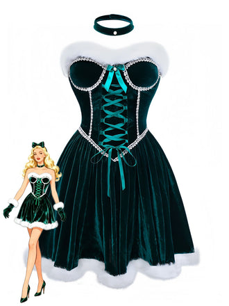 Green 1960s Velvet Fringe Strapless Mini Dress - vintage dress, retro fashion