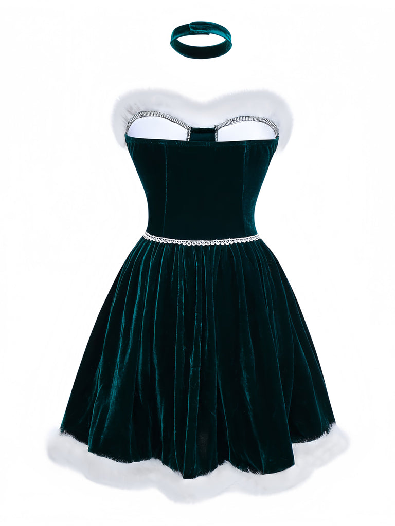 Green 1960s Velvet Fringe Strapless Mini Dress - vintage dress, retro fashion