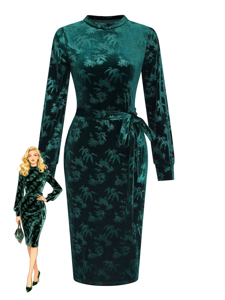 Green 1960s Velvet Plant Pattern Pencil Dress - vintage dress, retro fashion