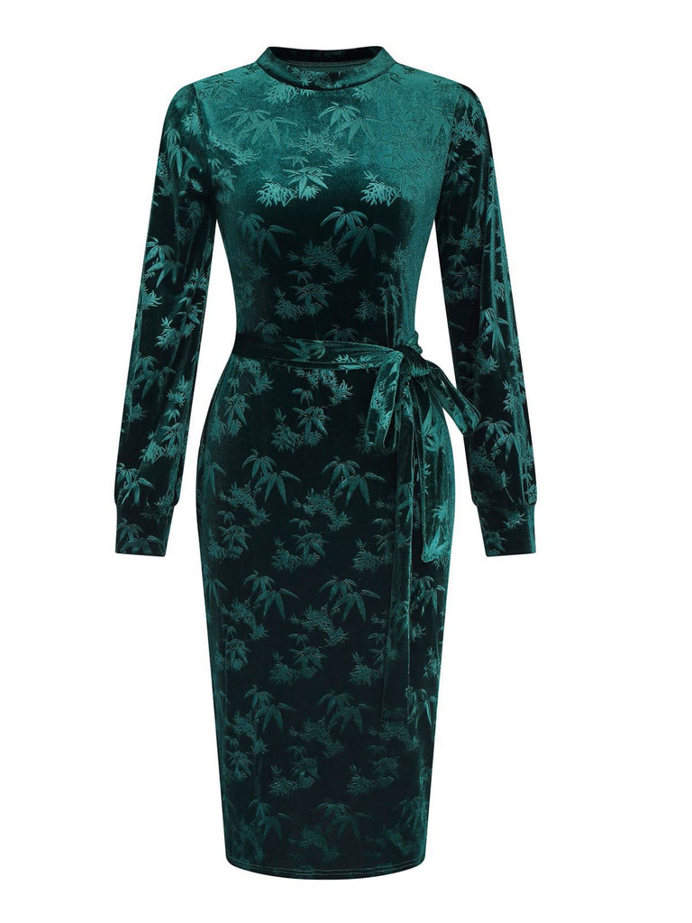 Green 1960s Velvet Plant Pattern Pencil Dress - vintage dress, retro fashion