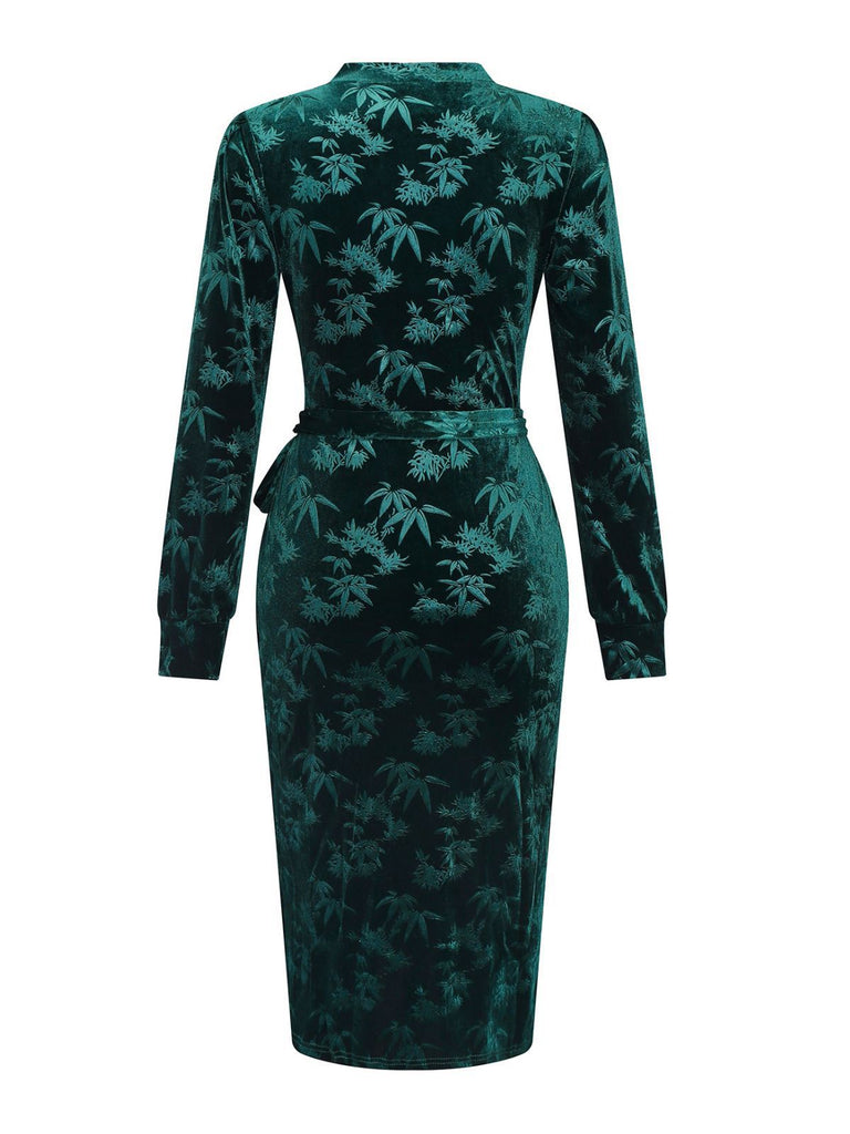 Green 1960s Velvet Plant Pattern Pencil Dress - vintage dress, retro fashion