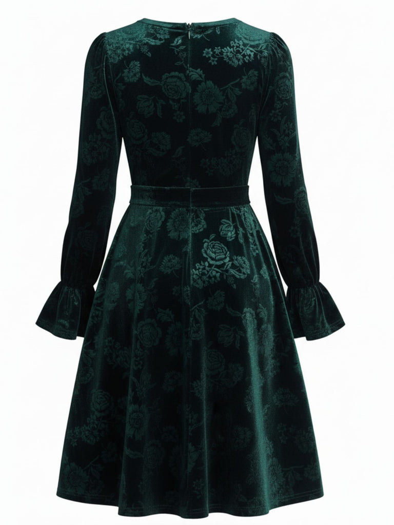 Green 1960s Velvet Rose Jacquard Dress - vintage dress, retro fashion