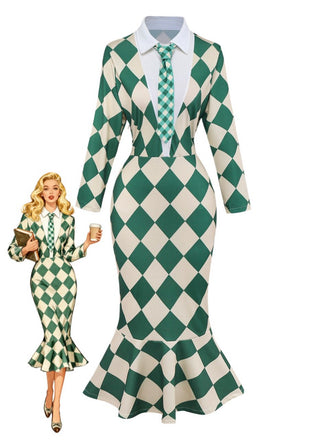 Green 1970s Argyle Fishtail Dress With Tie - vintage dress, retro fashion