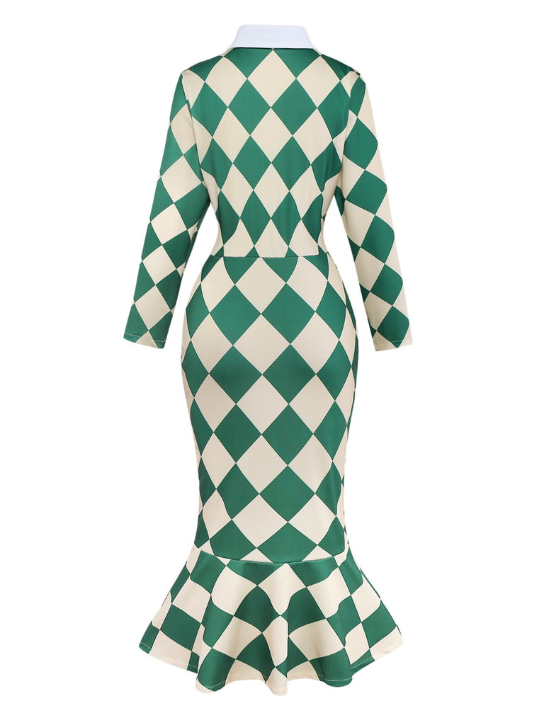 Green 1970s Argyle Fishtail Dress With Tie - vintage dress, retro fashion