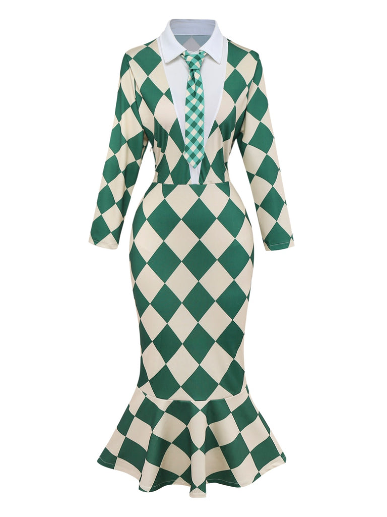 Green 1970s Argyle Fishtail Dress With Tie - vintage dress, retro fashion