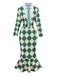 Green 1970s Argyle Fishtail Dress With Tie - vintage dress, retro fashion