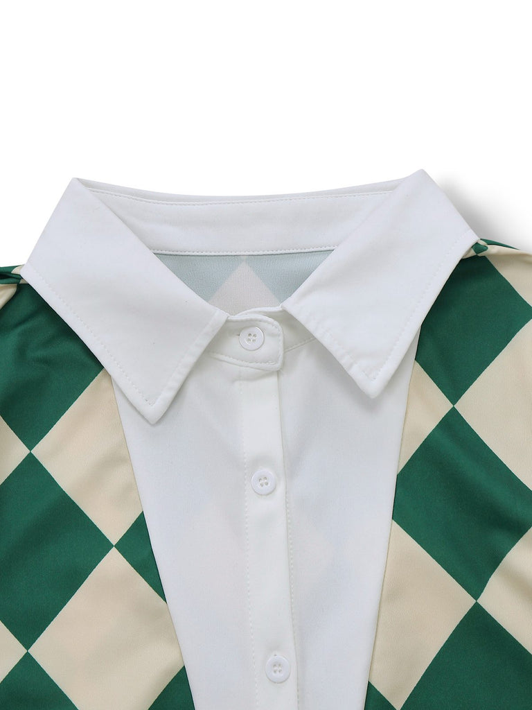 Green 1970s Argyle Fishtail Dress With Tie - vintage dress, retro fashion