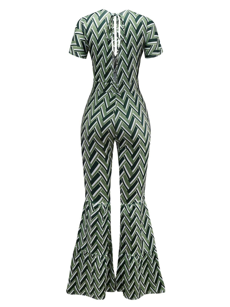 Green 1970s Boho Deep V-Neck Flare Leg Jumpsuit - vintage jumpsuit, retro fashion