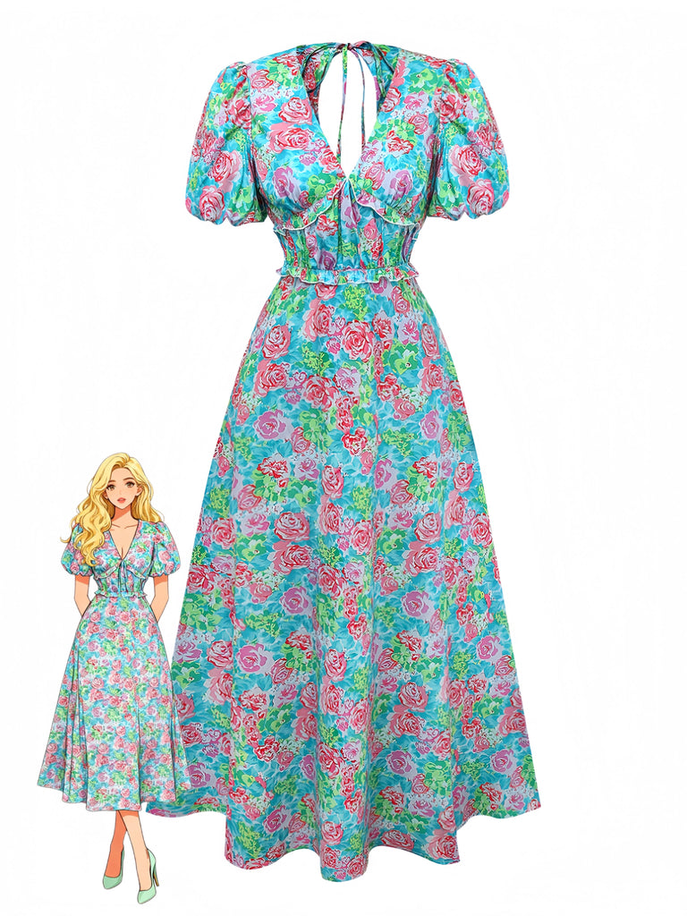 Green 1970s Boho Floral V-Neck Dress - vintage dress, retro fashion