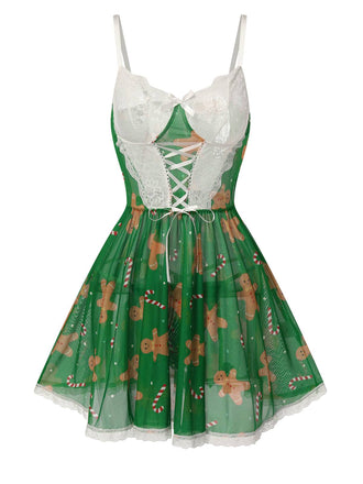 She slips into this Green 1970s Christmas Lace-Up Nightgown and suddenly it's a 1970s daydream
