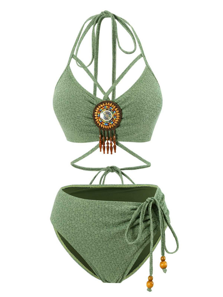 Green 1970s Halter Boho Beaded Bikini Set - vintage fashion, retro style