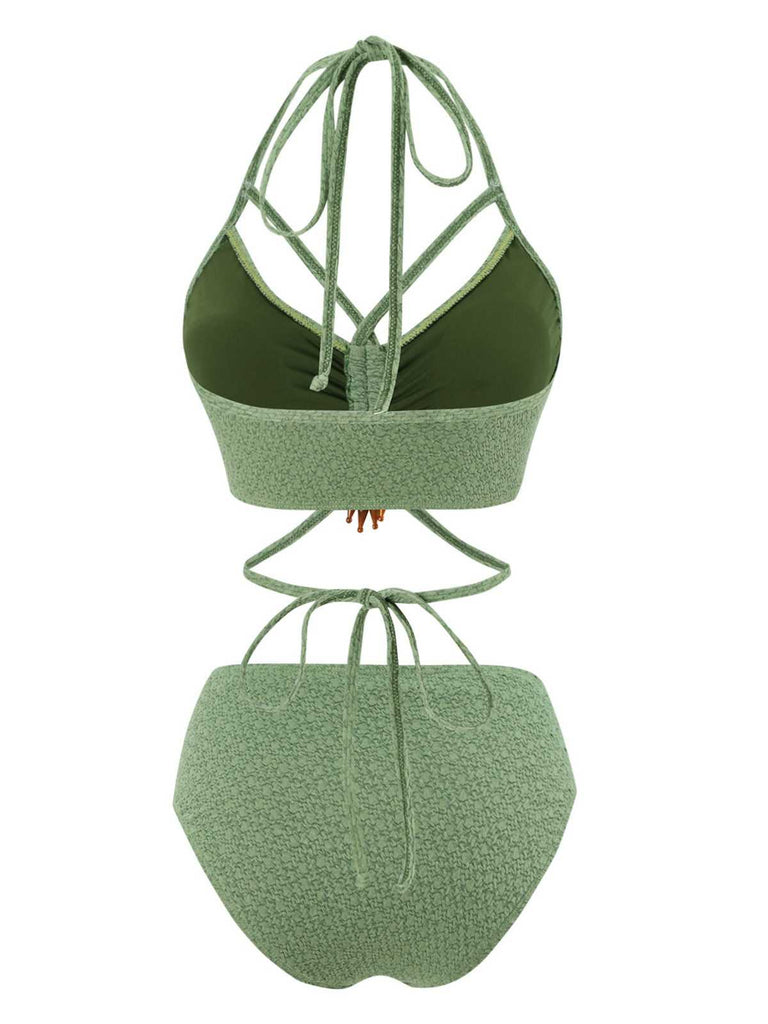 Green 1970s Halter Boho Beaded Bikini Set - vintage fashion, retro style