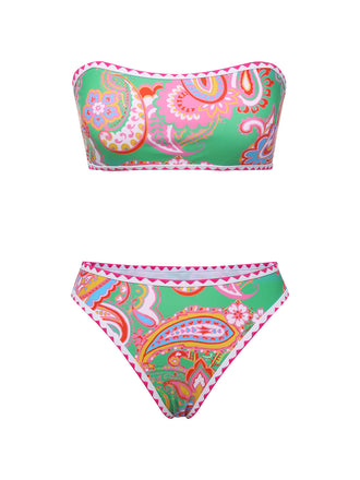 She's wearing Green 1970s Hippie Print Bandeau Bikini and the whole beach remembers the 1970s