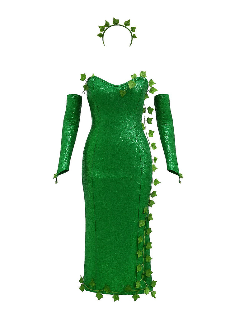 Green 1970s Multi-Leaf Headband & Sequin Dress Set - vintage dress, retro fashion
