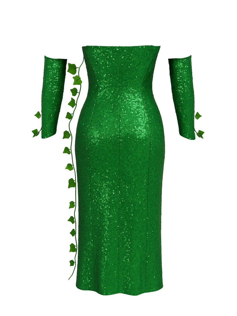 Green 1970s Multi-Leaf Headband & Sequin Dress Set - vintage dress, retro fashion