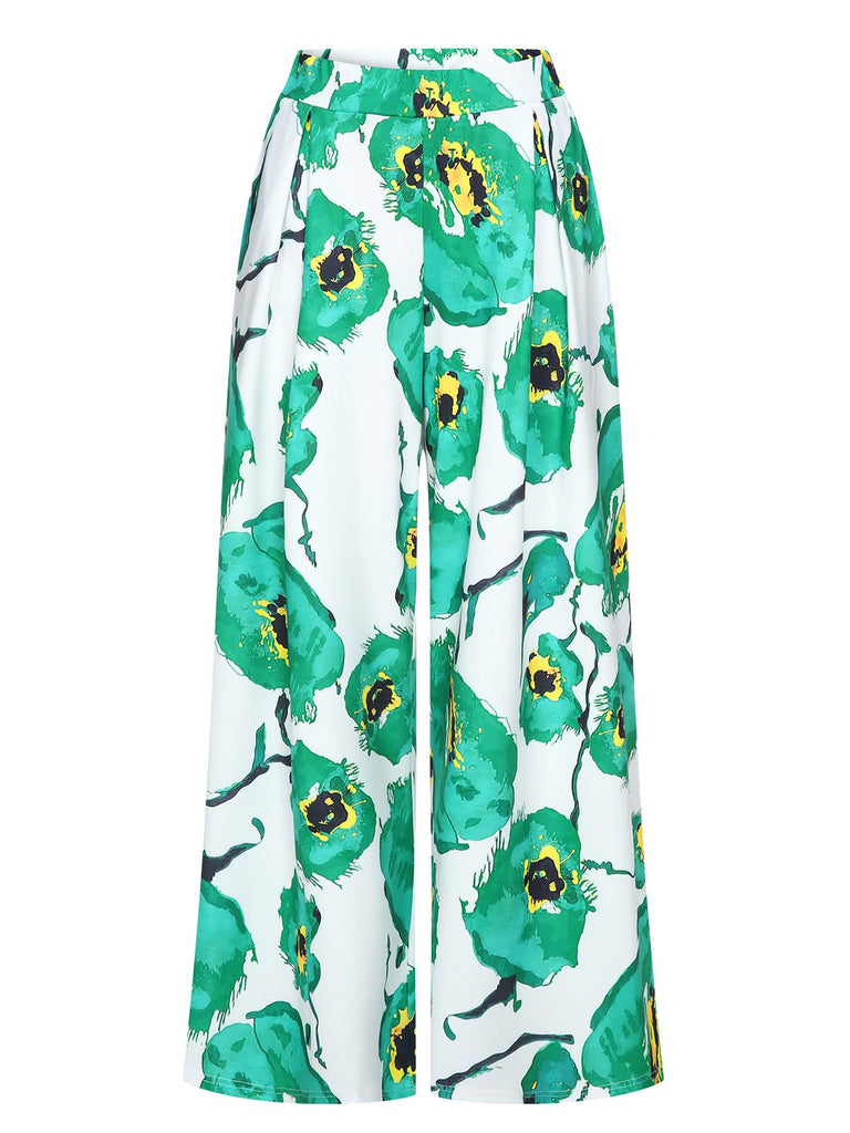 Green 1970s Oil Painting Floral Wide-Leg Pants, vintage fashion, retro style - perfect for women who love vintage and retro fashion