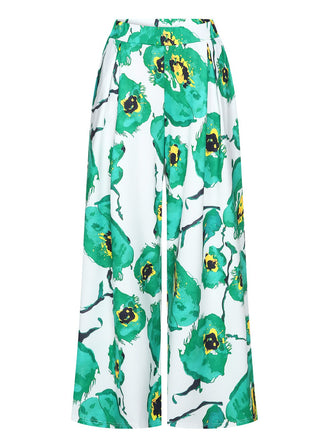 Green 1970s Oil Painting Floral Wide-Leg Pants, vintage fashion, retro style - perfect for women who love vintage and retro fashion