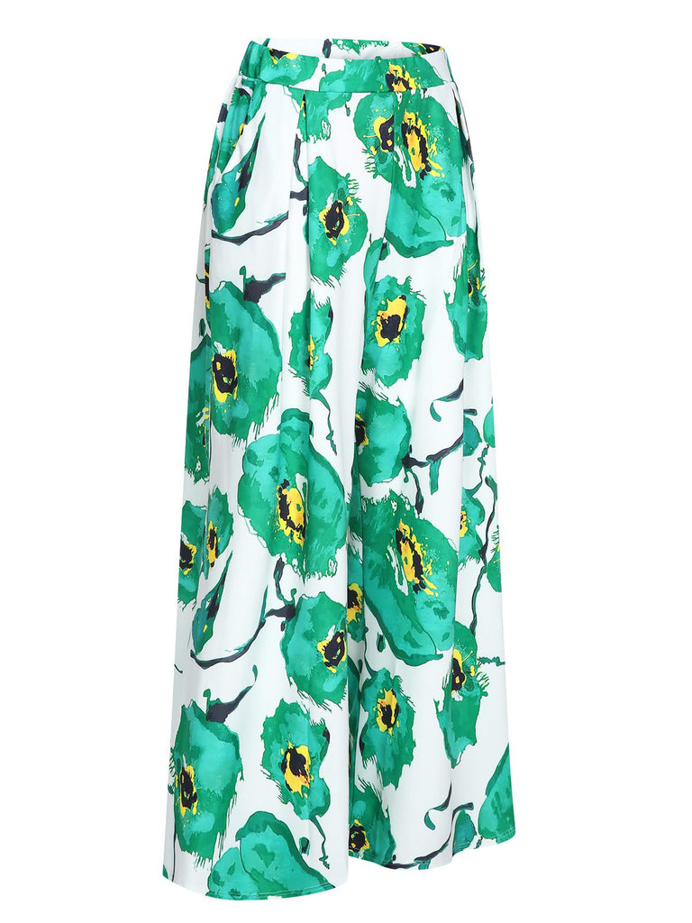 Green 1970s Oil Painting Floral Wide-Leg Pants, vintage fashion, retro style - perfect for women who love vintage and retro fashion