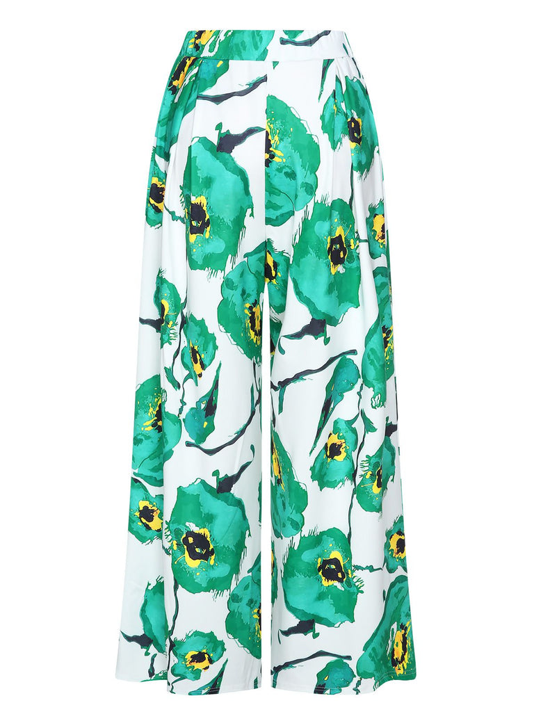 Green 1970s Oil Painting Floral Wide-Leg Pants, vintage fashion, retro style - perfect for women who love vintage and retro fashion
