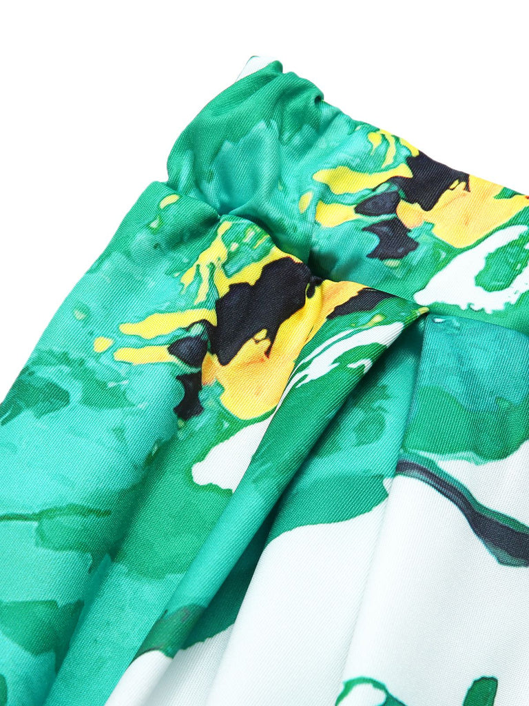 Green 1970s Oil Painting Floral Wide-Leg Pants, vintage fashion, retro style - perfect for women who love vintage and retro fashion