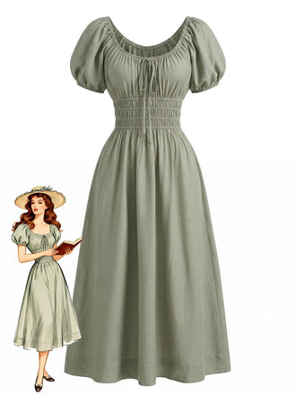 Green 1970s Square Neck Puff Sleeve Boho Dress - vintage dress, retro fashion for vintage lovers
