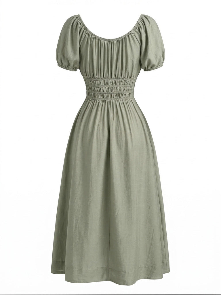 Green 1970s Square Neck Puff Sleeve Boho Dress - vintage dress, retro fashion for vintage lovers