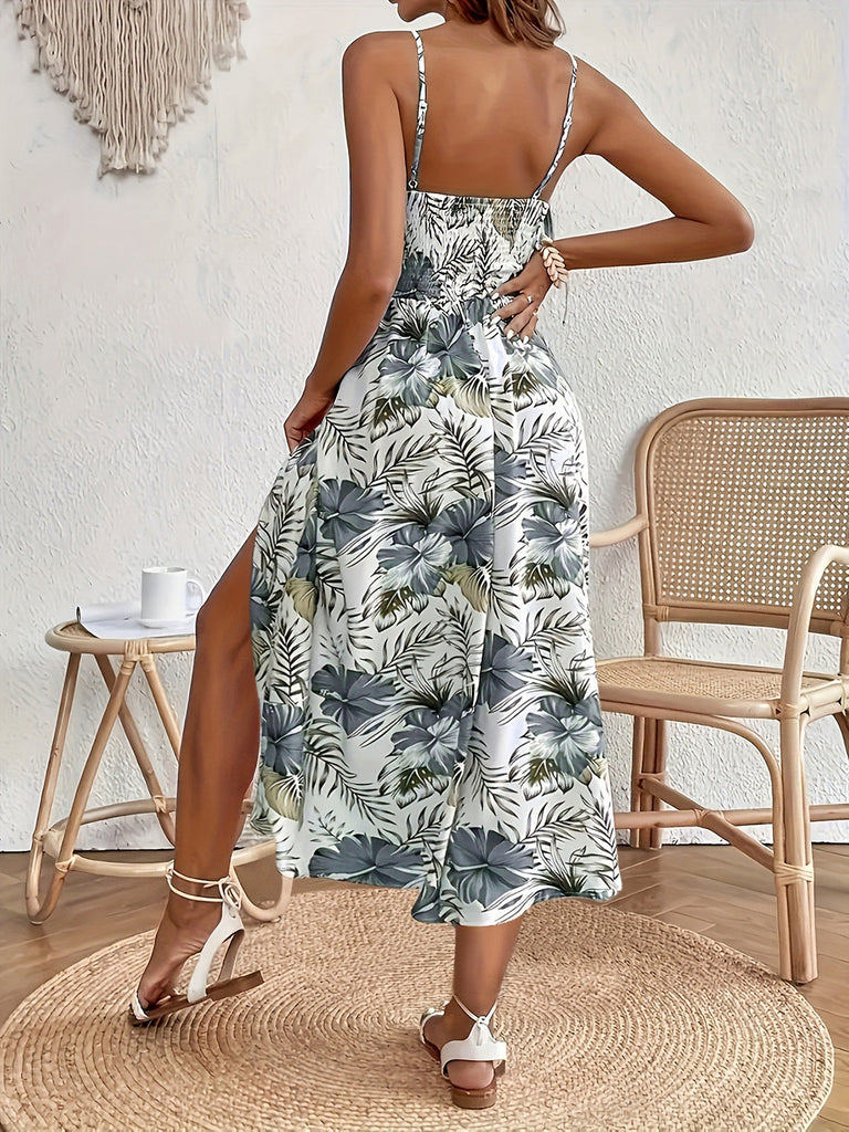 Green 1970s Tropical Floral Boho Cami Dress - vintage dress, retro fashion, floral print for vintage lovers