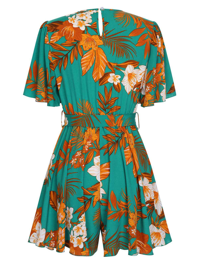 Green 1970s V-Neck Ruffle Sleeves Romper, vintage romper, retro jumpsuit - perfect for women who love vintage and retro fashion