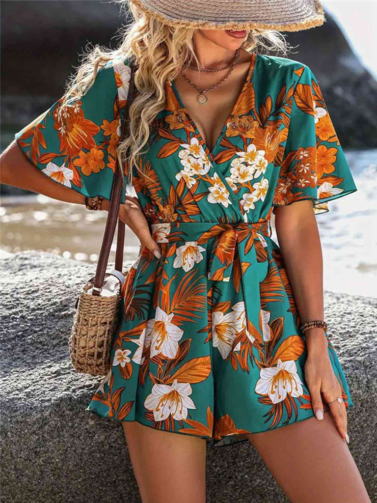 This Green 1970s V-Neck Ruffle Sleeves Romper whispers 1970s secrets to those who notice