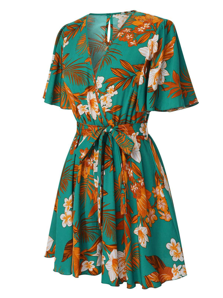 Green 1970s V-Neck Ruffle Sleeves Romper, vintage romper, retro jumpsuit - perfect for women who love vintage and retro fashion