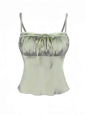 Green 1970s Satin Ruched Bust Slip Cami Top - vintage fashion, retro style