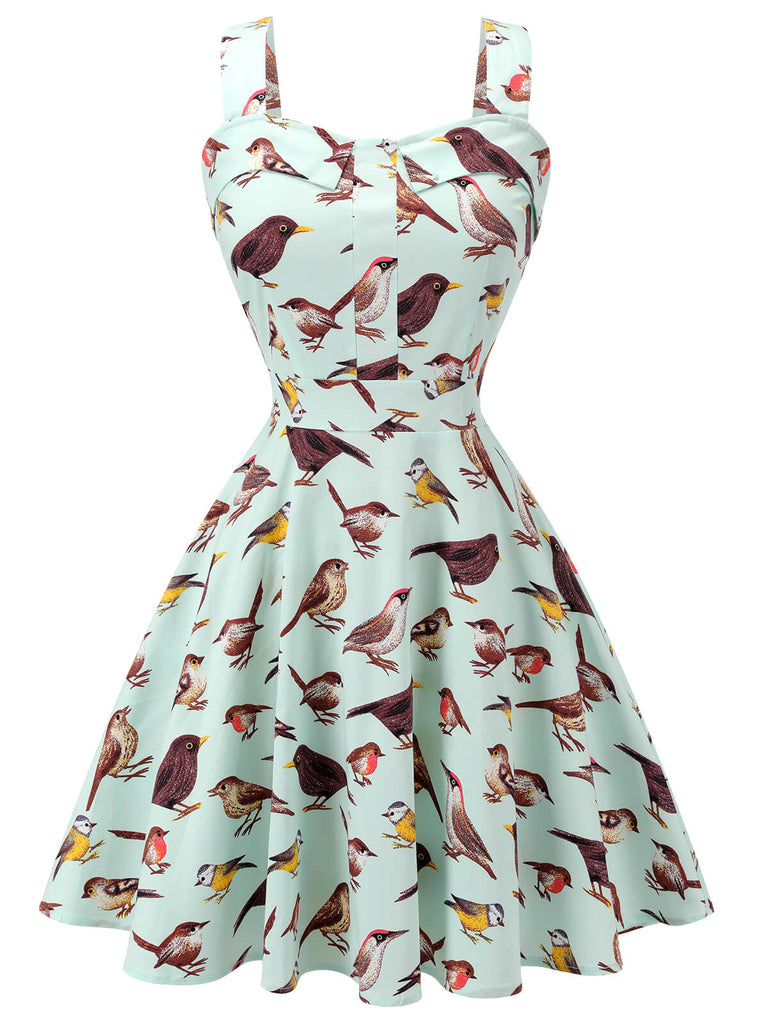 Green 1980s Bird Square Collar Sleeveless Dress: timeless style reimagined