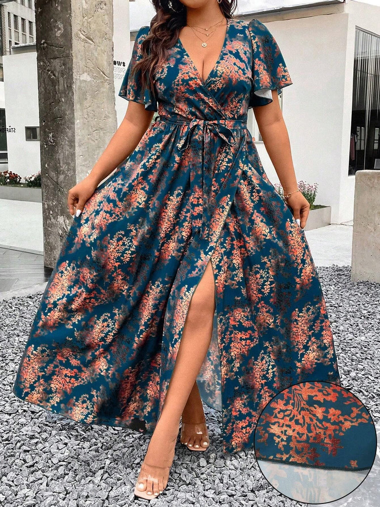 Green 1980s Floral Surplice Slit Dress - vintage dress, retro fashion