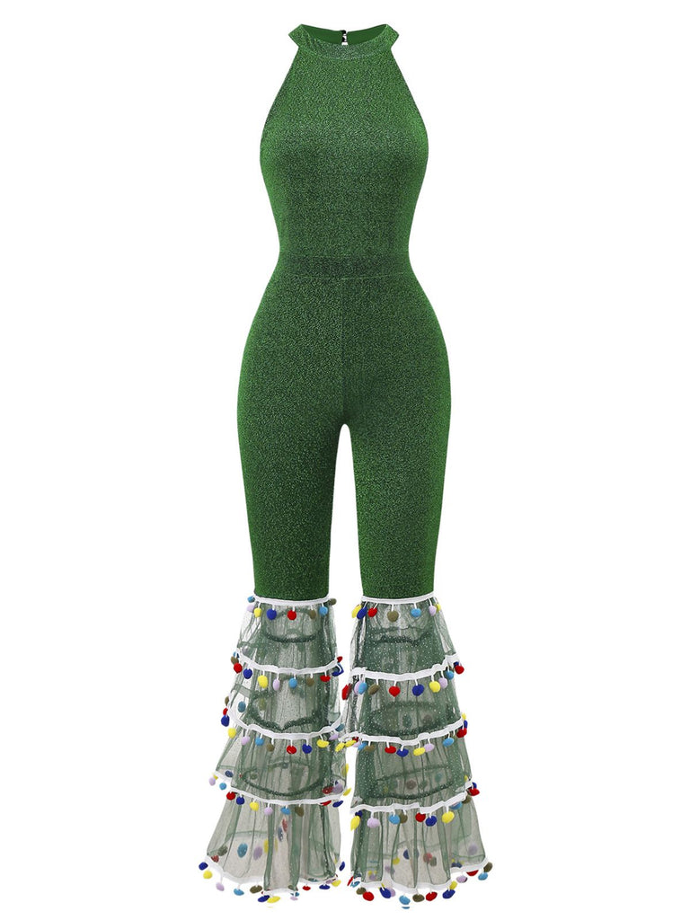 Green 1980s Solid Sparkly Mock Mesh Jumpsuit - vintage jumpsuit, retro fashion