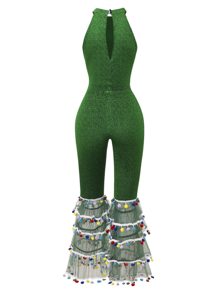 Green 1980s Solid Sparkly Mock Mesh Jumpsuit - vintage jumpsuit, retro fashion